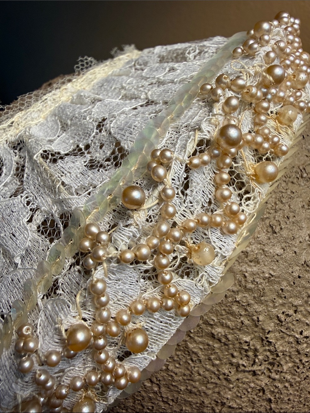 50’s Ivory Lace Bridal Headband with Faux Pearls & Sequins - Picture 7 of 13